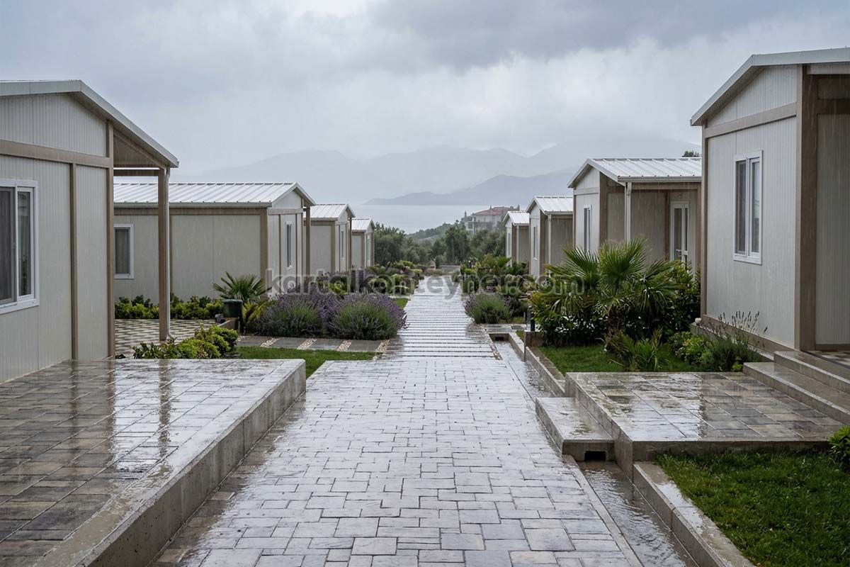 konteyner ev yağmurlu havada